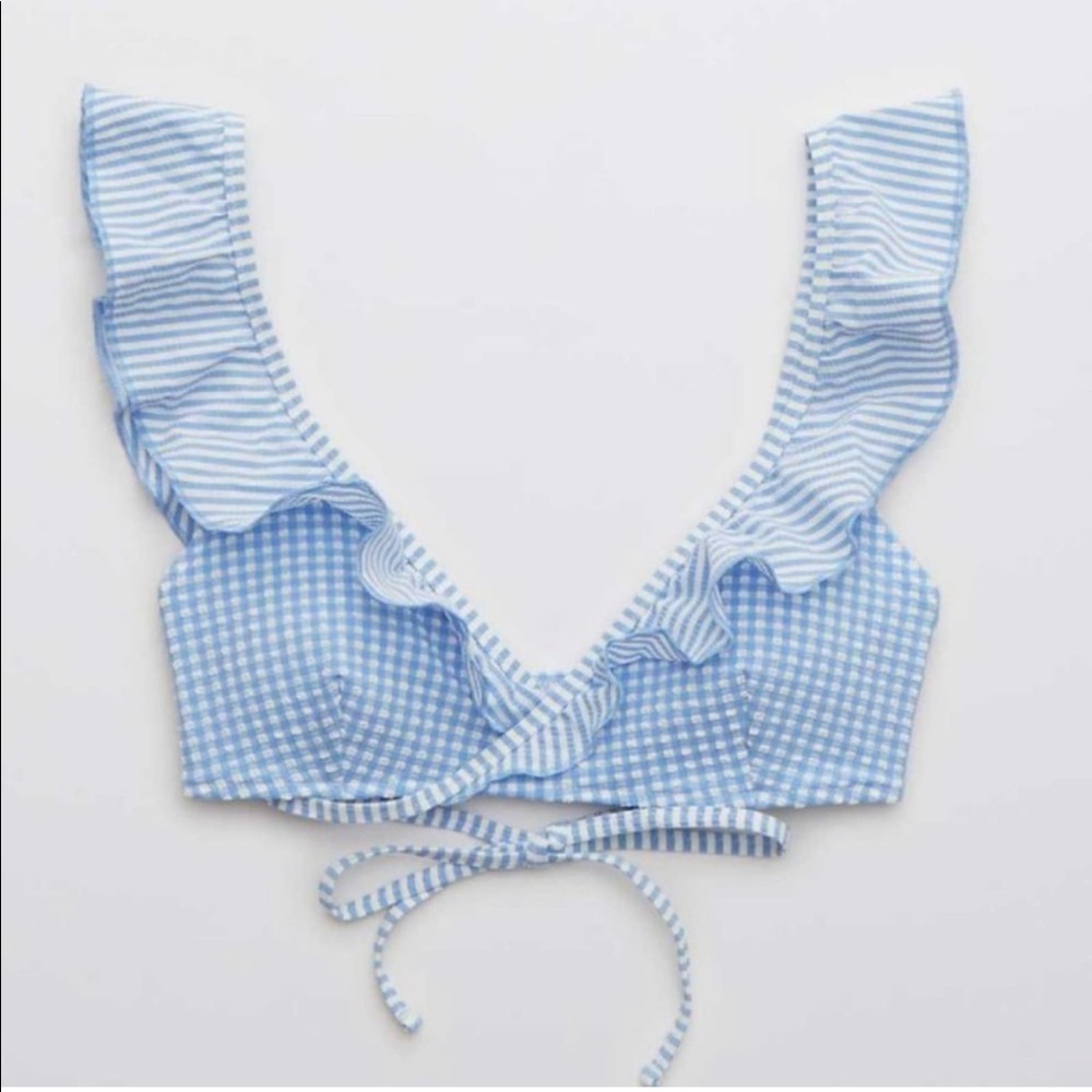 AERIE Gingham Scoop Stripe Seersucker Ruffle Bikini Top L